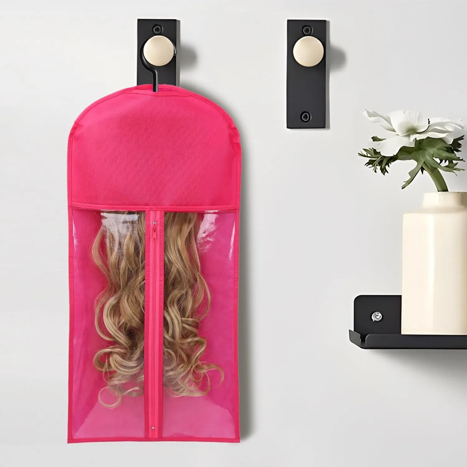 12PCS Wig Bag Hair Extension Holder Wig Storage Wig Holder for Multiple Wigs Hair Extension Hanger Hair Extension Storage Wig Organizer for Multiple Wigs (6PCS BLACK &6PCS HOT PINK)