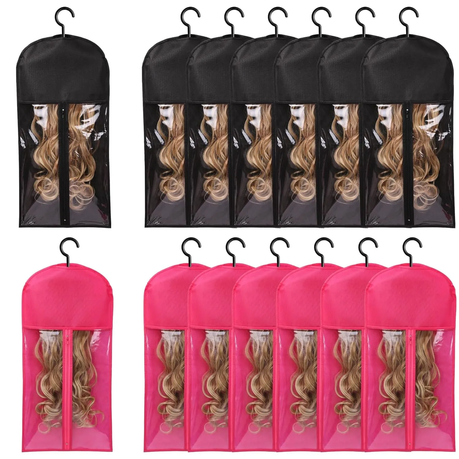 12PCS Wig Bag Hair Extension Holder Wig Storage Wig Holder for Multiple Wigs Hair Extension Hanger Hair Extension Storage Wig Organizer for Multiple Wigs (6PCS BLACK &6PCS HOT PINK)