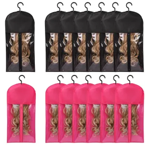 12PCS Wig Bag Hair Extension Holder Wig Storage Wig Holder for Multiple Wigs Hair Extension Hanger Hair Extension Storage Wig Organizer for Multiple Wigs (6PCS BLACK &6PCS HOT PINK)