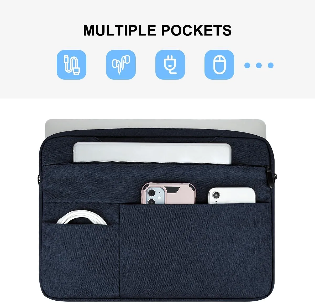 14 Inch Laptop Sleeve Case with Multiple Pocket for 14-Inch Laptop Computer Notebook, Waterproof Protective Hidden Handle Carrying Case with Accessory Bag, Navy