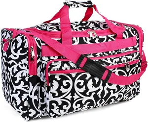 19-inch Travel Duffle Bag | Multiple Designs to Choose From | Perfect Travel Size Duffel Bag by Unique Traveler (Damask-Pink Trim)