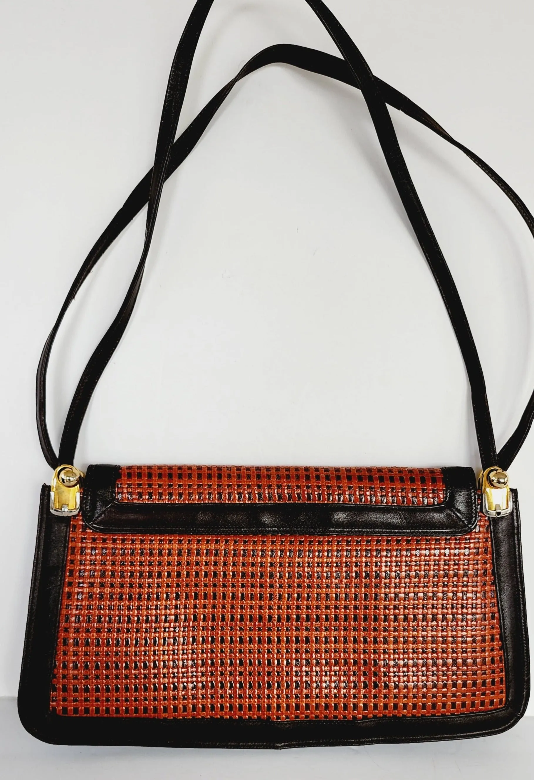 1970s Brown and Orange Leather Shoulder Bag with Lattice Woven Texture