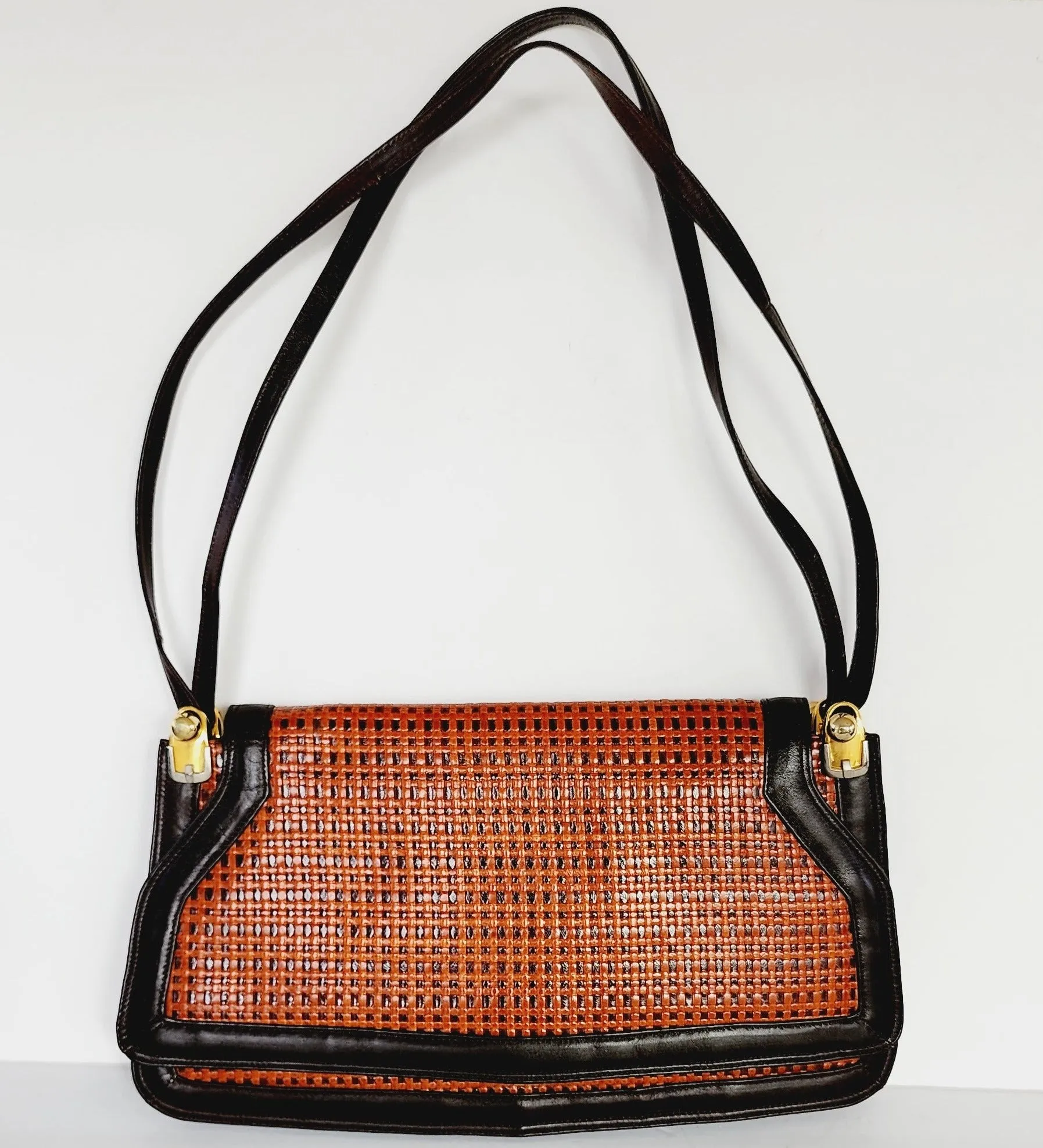 1970s Brown and Orange Leather Shoulder Bag with Lattice Woven Texture