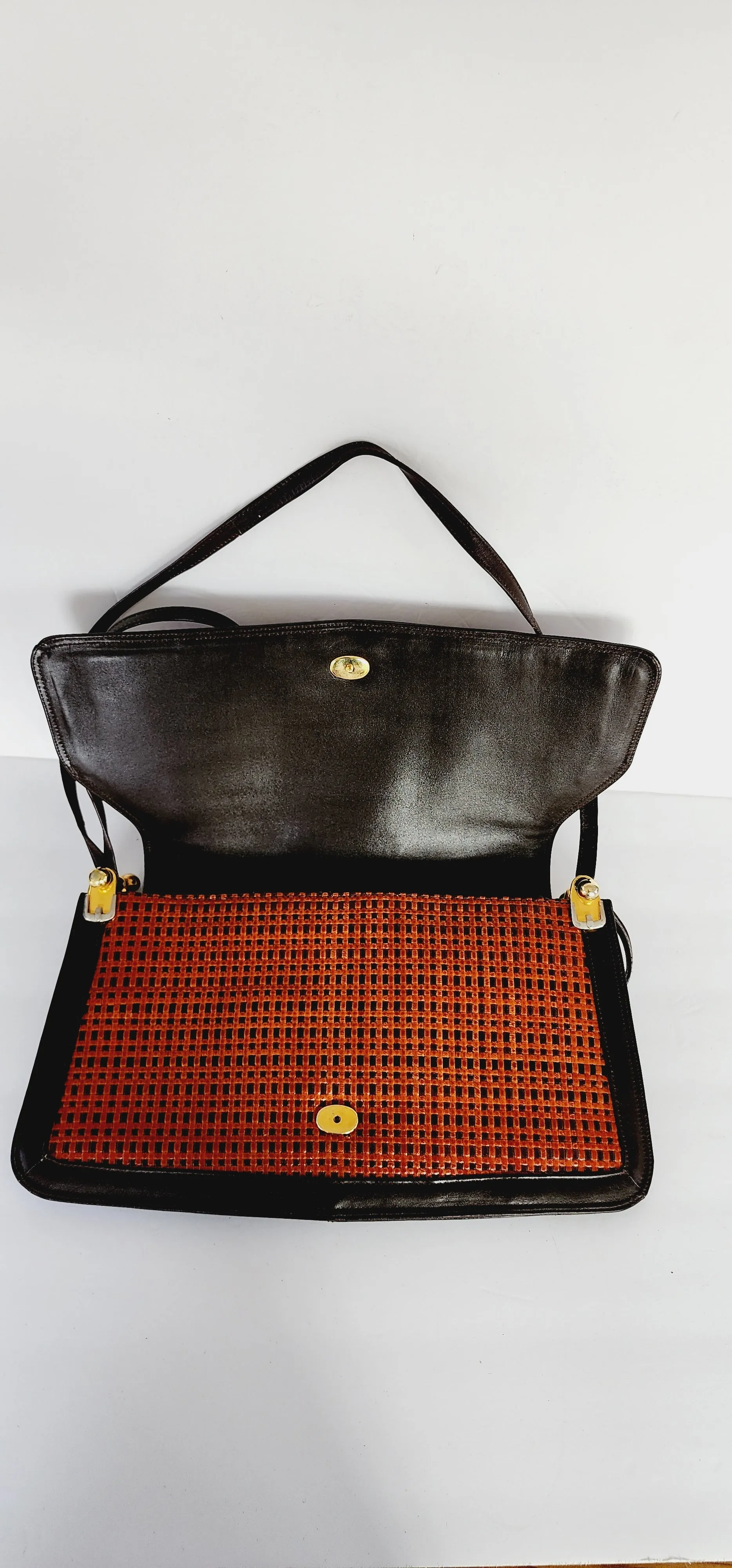 1970s Brown and Orange Leather Shoulder Bag with Lattice Woven Texture