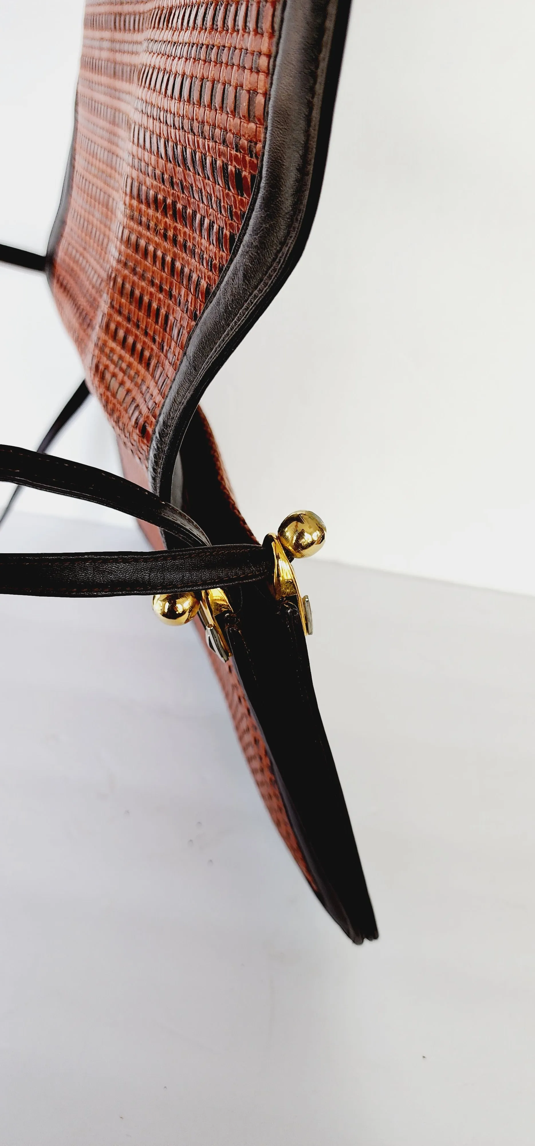 1970s Brown and Orange Leather Shoulder Bag with Lattice Woven Texture