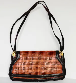 1970s Brown and Orange Leather Shoulder Bag with Lattice Woven Texture