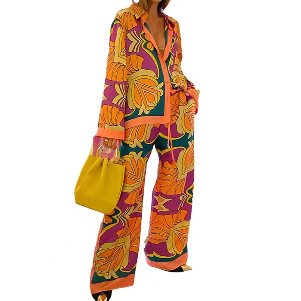 2 Pcs/Set Ladies Shirt Pants Suit Bright Color Print Wide Leg Loose Women Printed Suit Casual Youth Vacation Top Trousers Set