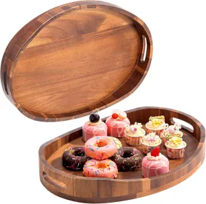 2PCS Acacia Wood Serving Tray with Handles,Decorative Ottoman Tray Platter for Breakfast in Bed, Living Room, Coffee Table, Lunch, Dinner, Bathroom, Candle Display,17"x13"