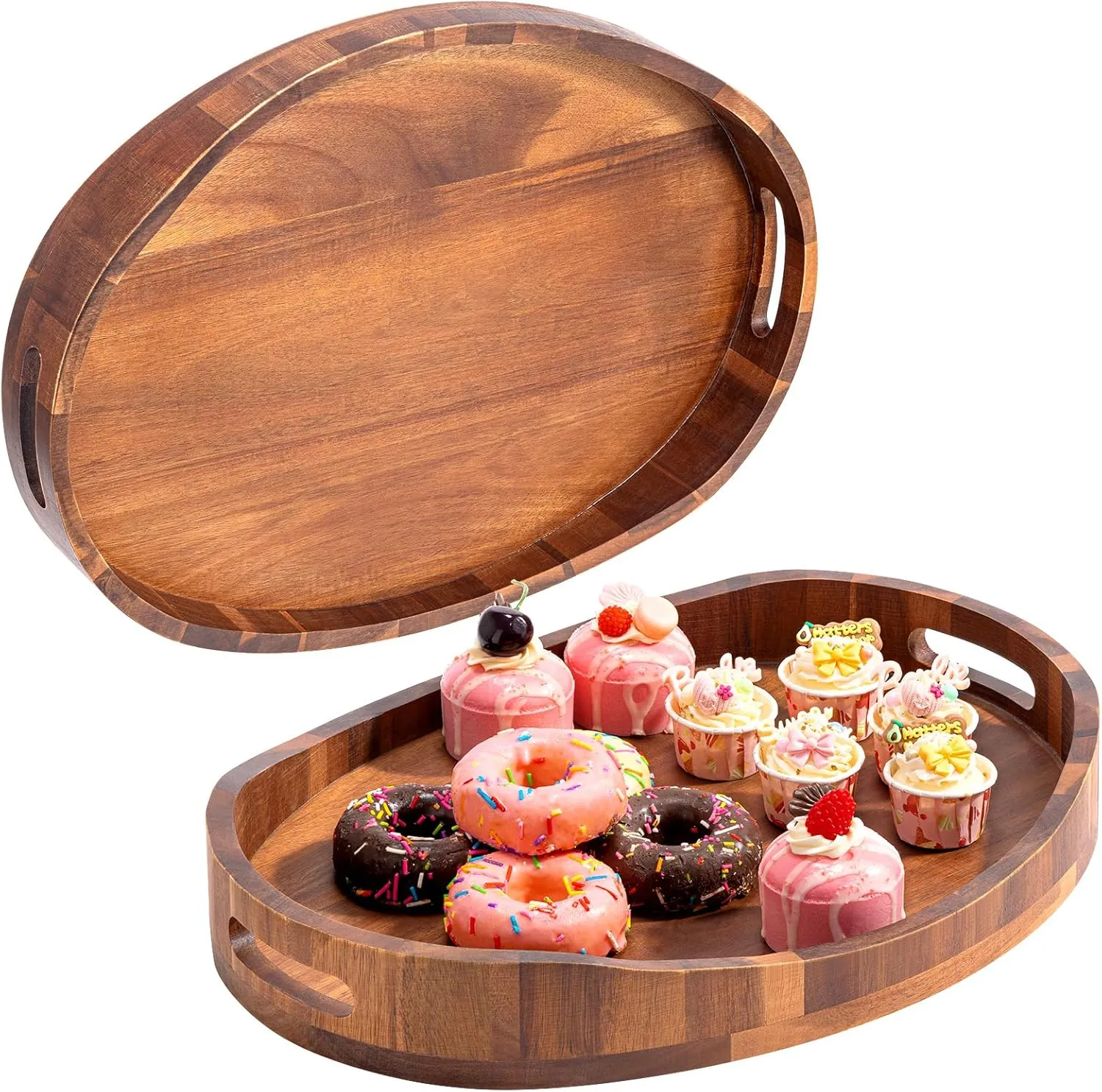 2PCS Acacia Wood Serving Tray with Handles,Decorative Ottoman Tray Platter for Breakfast in Bed, Living Room, Coffee Table, Lunch, Dinner, Bathroom, Candle Display,17"x13"