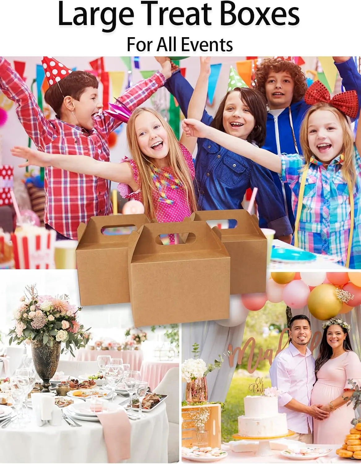 30 CT 9x6x6 Large Box Lunch Boxes Cardboard Paper with Handles Kraft Brown, Gable Gift Boxes Party Favor Boxes Barn Style Carry Out Box Recyclable Packaging Boxes for Food Cookies Baby