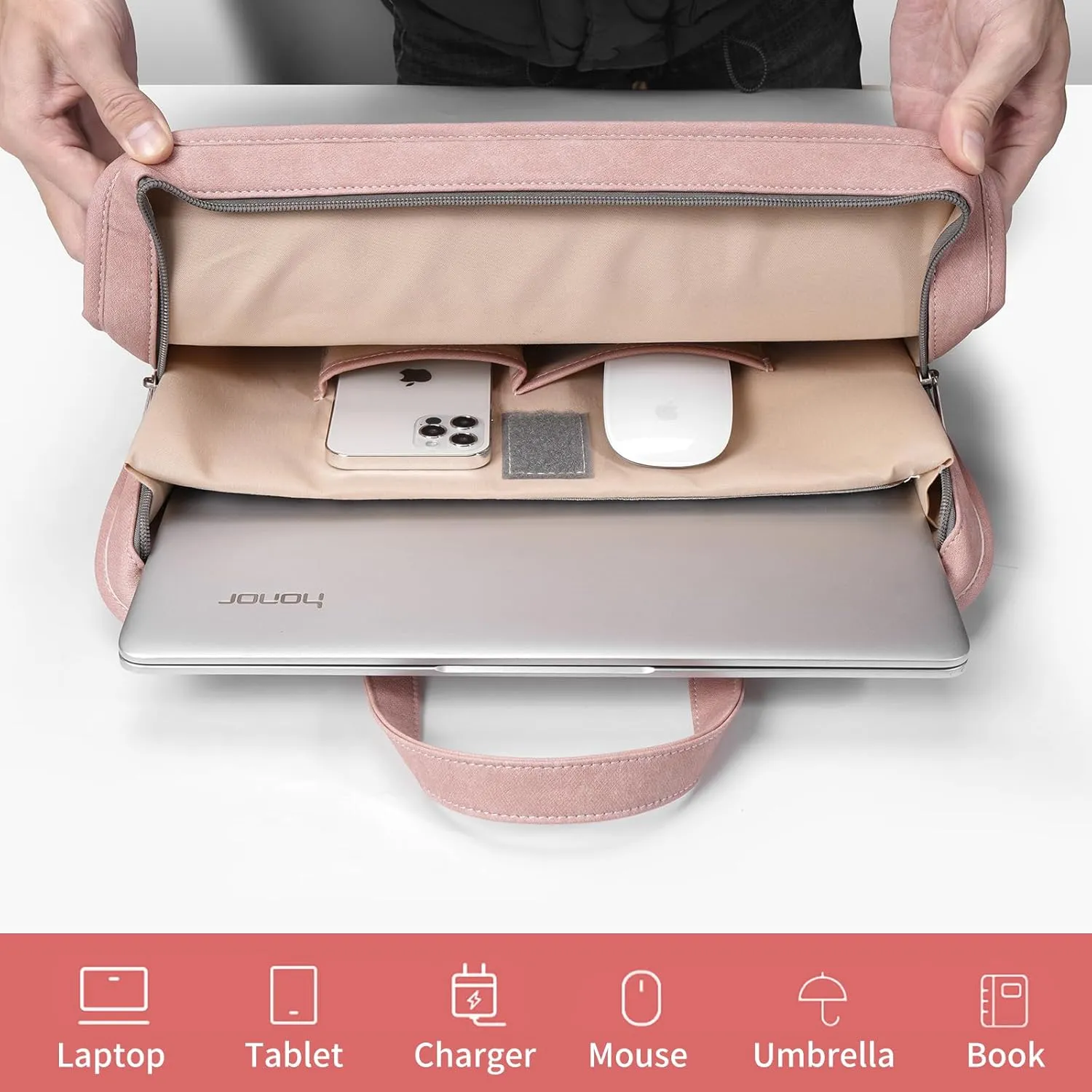 360° Protective Laptop Shoulder Bag Sleeve Case for 13-14.2 inch Notebooks, Compatible with 14 inch New MacBook Air Pro Max M1 M2 M3, HP, Dell, Asus, Acer, with Airbags, Handle, Pink