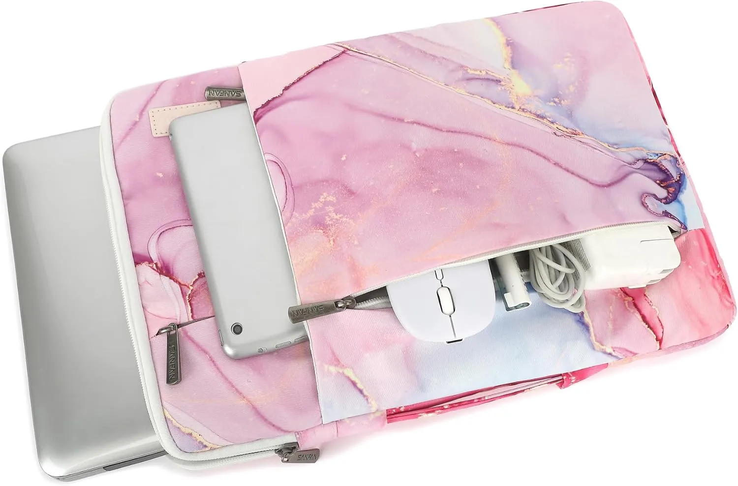 360° Protective Laptop Sleeve Case Bag with 3 Pockets,Handle and Luggage Strap for MacBook Air 13 inch,13.3 inch HP Dell Lenovo Notebook (Pink Marble)