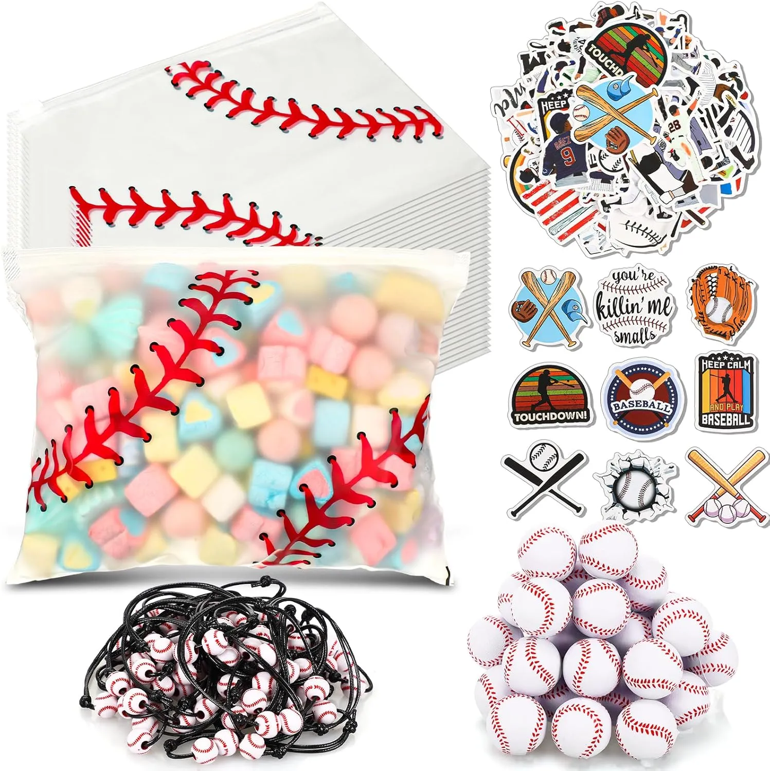 390 Pcs Party Favors Set - Waterproof Baseball Gift Goodie Bags, Foam Stress Balls, Sports Bracelets, Stickers for Baseball Themed Birthday Party Favor Decoration
