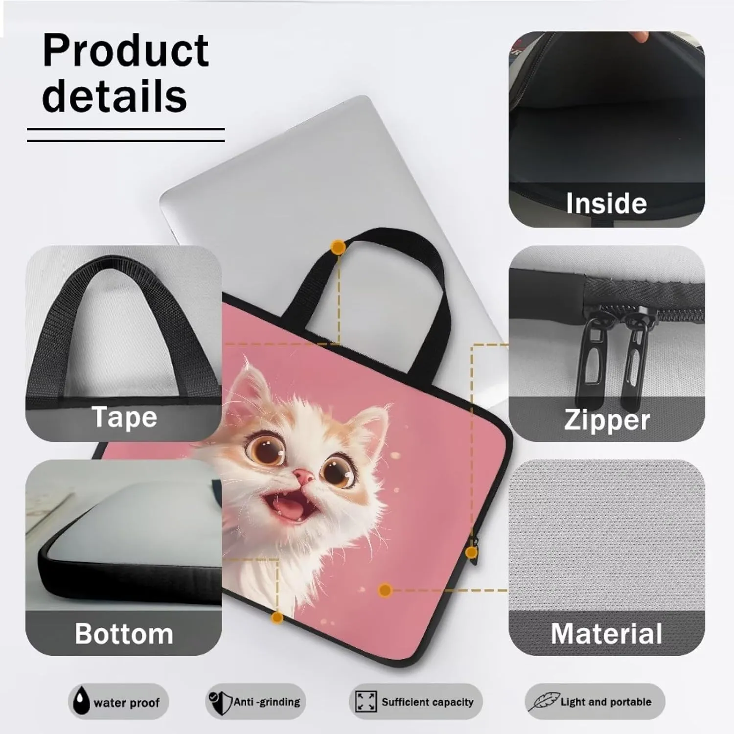 3D Cat 15 Inch Laptop Sleeve, Protective Computer Bag Case with Handle, Womens Laptop Tote Bag Briefcase, Water Resistant Portable Carrying Case Notebook Messenger Bag