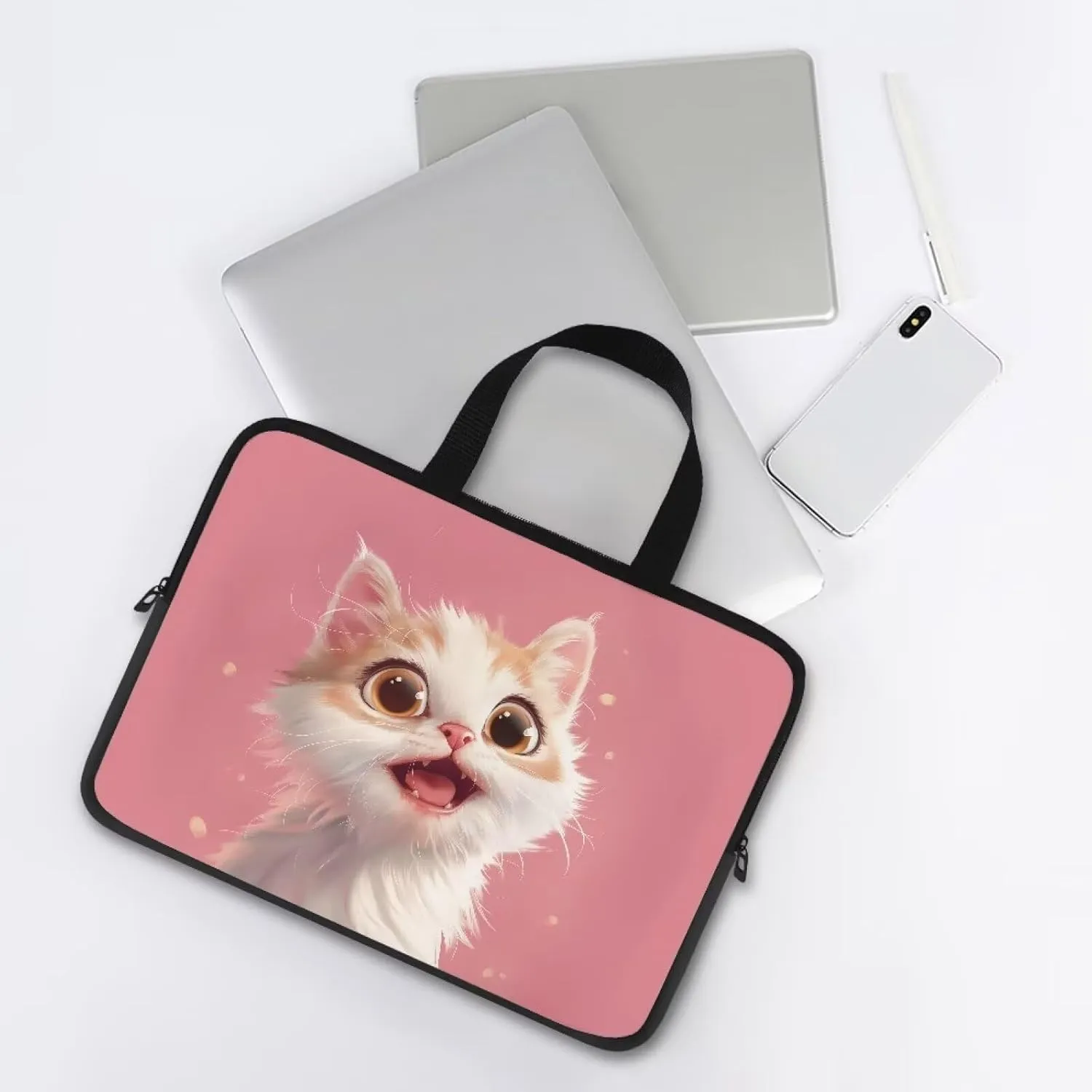 3D Cat 15 Inch Laptop Sleeve, Protective Computer Bag Case with Handle, Womens Laptop Tote Bag Briefcase, Water Resistant Portable Carrying Case Notebook Messenger Bag