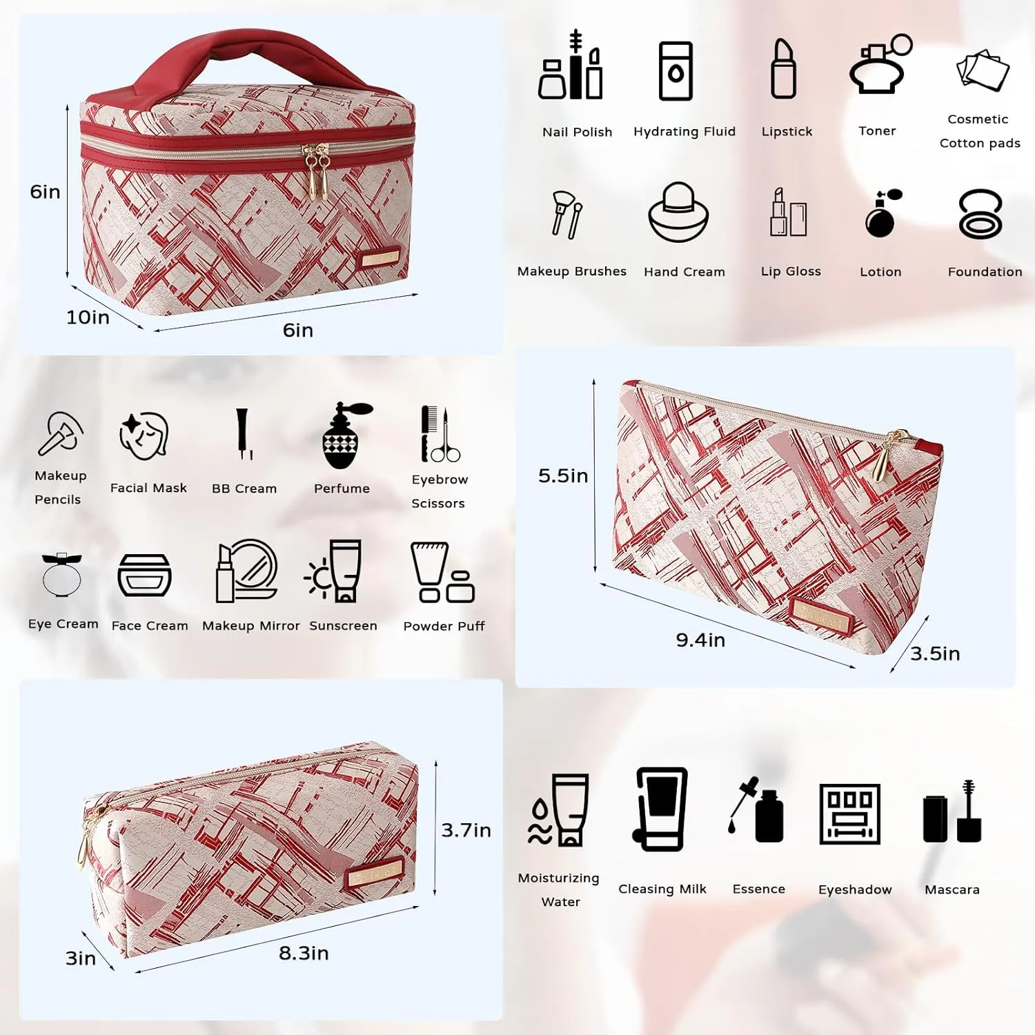 3PC Makeup Bag Set, Cationic Jacquard Large Cosmetic Organizer, Back-Coated Solvent-Free Travel Toiletry Bag for Women - Red