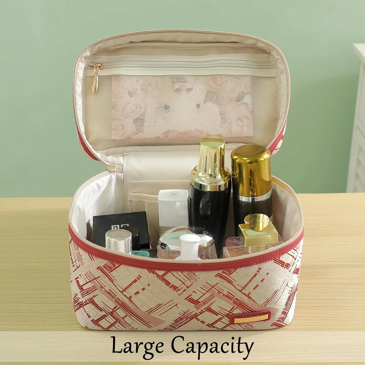 3PC Makeup Bag Set, Cationic Jacquard Large Cosmetic Organizer, Back-Coated Solvent-Free Travel Toiletry Bag for Women - Red