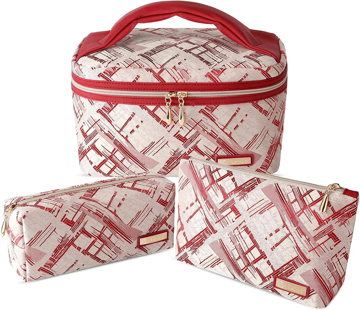 3PC Makeup Bag Set, Cationic Jacquard Large Cosmetic Organizer, Back-Coated Solvent-Free Travel Toiletry Bag for Women - Red