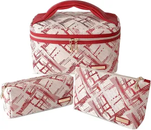 3PC Makeup Bag Set, Cationic Jacquard Large Cosmetic Organizer, Back-Coated Solvent-Free Travel Toiletry Bag for Women - Red