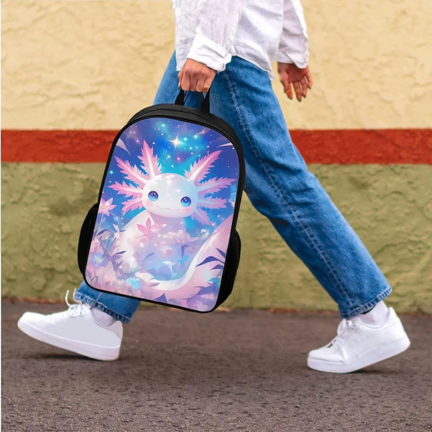 4-in-1 Kawaii Axolotl Graphic Backpack Set for Kids Girls Cute Animal School Bag with Lunch Box Pencil Purse Water Bottle Sleeve Girls Back Pack Student Preschool Bookbag Primary Daypack