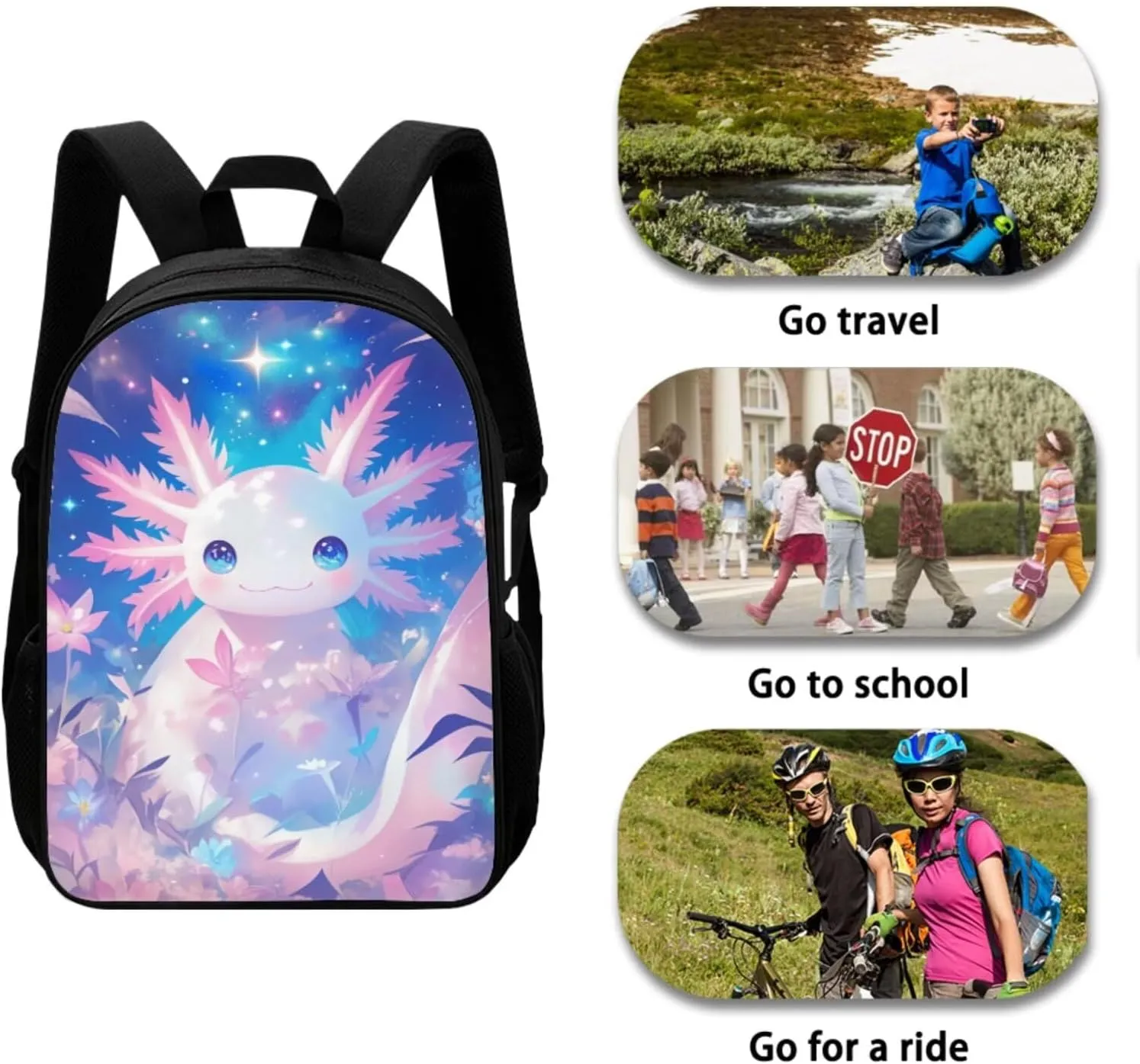 4-in-1 Kawaii Axolotl Graphic Backpack Set for Kids Girls Cute Animal School Bag with Lunch Box Pencil Purse Water Bottle Sleeve Girls Back Pack Student Preschool Bookbag Primary Daypack