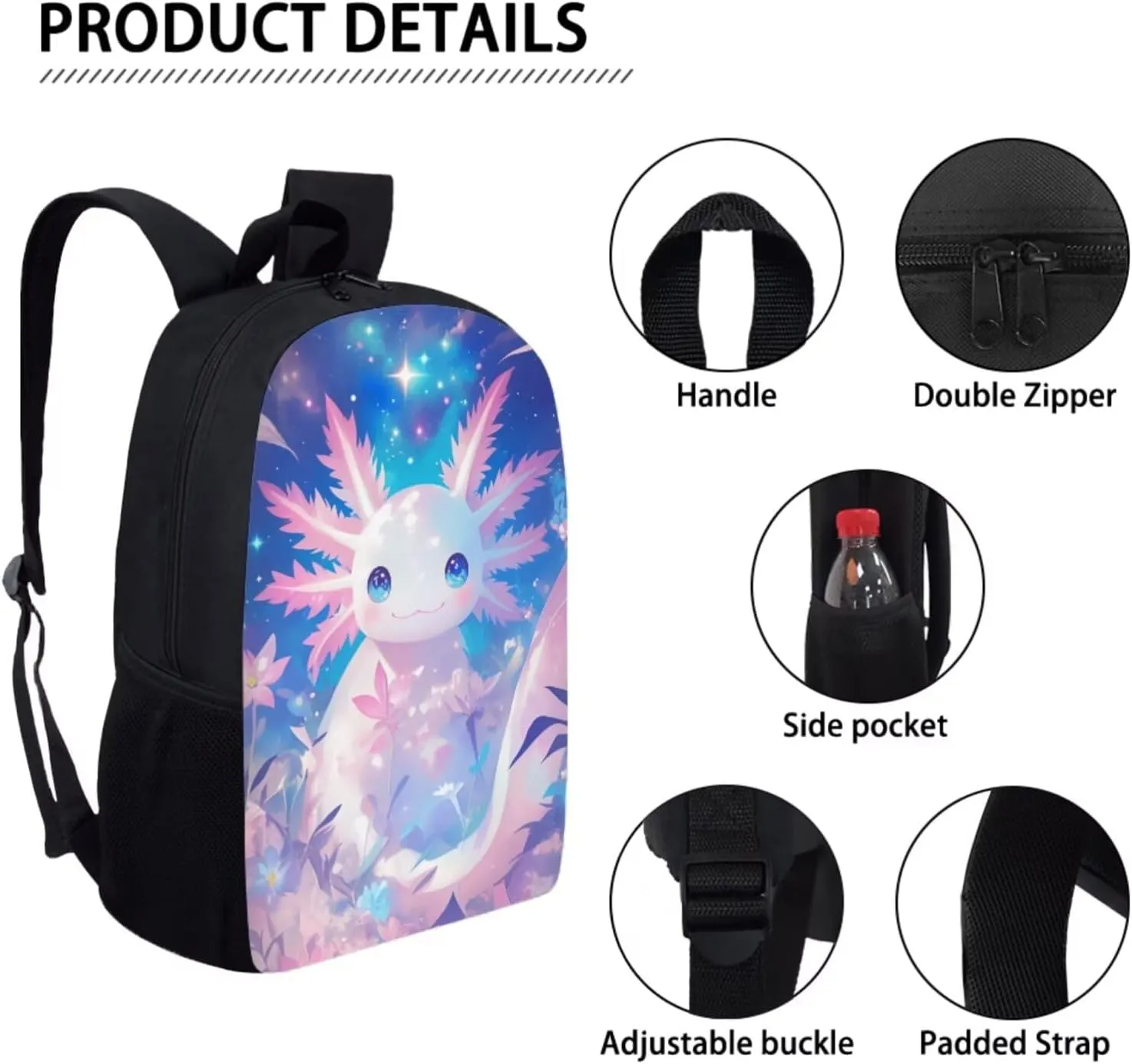 4-in-1 Kawaii Axolotl Graphic Backpack Set for Kids Girls Cute Animal School Bag with Lunch Box Pencil Purse Water Bottle Sleeve Girls Back Pack Student Preschool Bookbag Primary Daypack