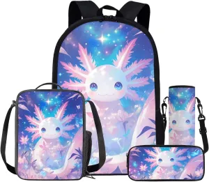 4-in-1 Kawaii Axolotl Graphic Backpack Set for Kids Girls Cute Animal School Bag with Lunch Box Pencil Purse Water Bottle Sleeve Girls Back Pack Student Preschool Bookbag Primary Daypack