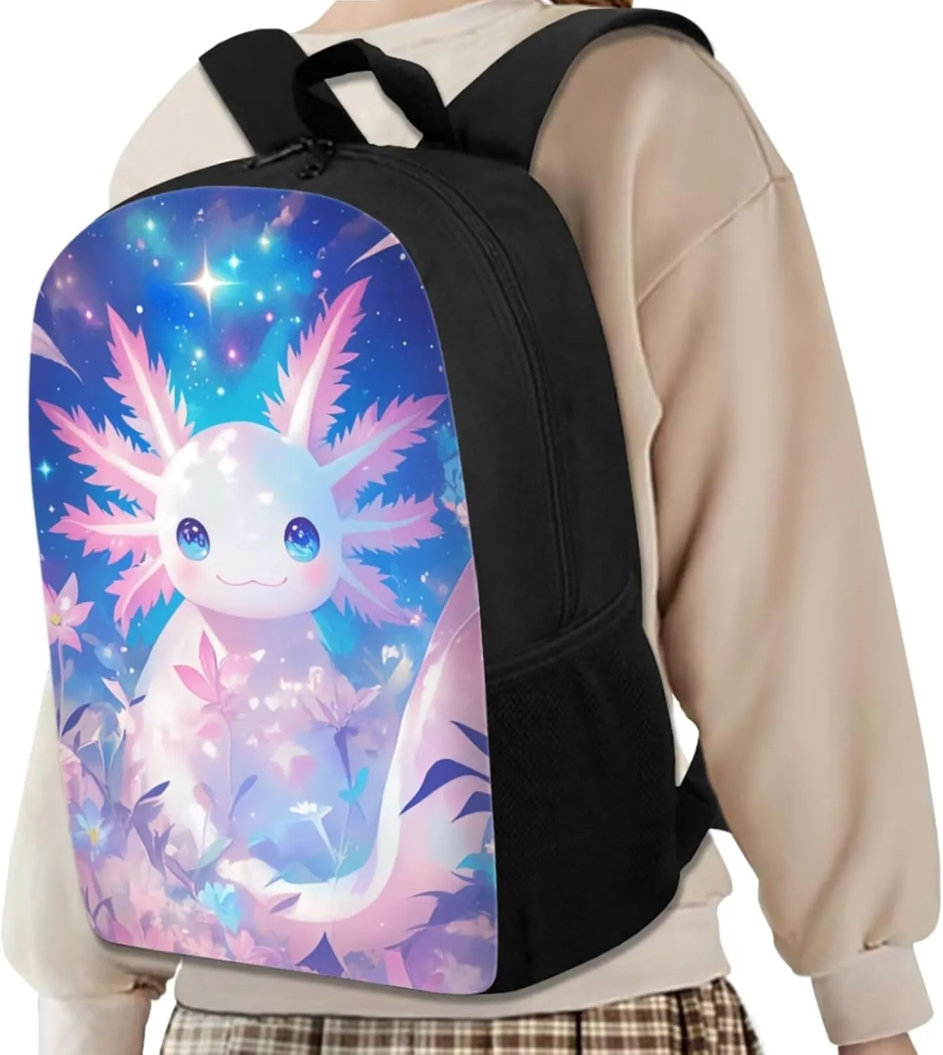 4-in-1 Kawaii Axolotl Graphic Backpack Set for Kids Girls Cute Animal School Bag with Lunch Box Pencil Purse Water Bottle Sleeve Girls Back Pack Student Preschool Bookbag Primary Daypack