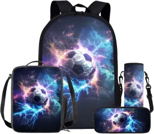 4-in-1 Soccer Graphic Backpack Set for Kids Boys Funny Sports School Bag with Lunch Box Pencil Purse Water Bottle Sleeve Girls Back Pack Student Preschool Bookbag Primary Daypack