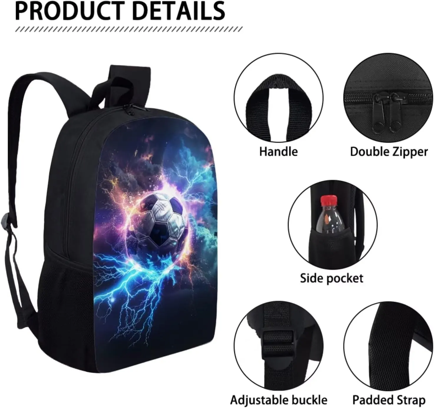 4-in-1 Soccer Graphic Backpack Set for Kids Boys Funny Sports School Bag with Lunch Box Pencil Purse Water Bottle Sleeve Girls Back Pack Student Preschool Bookbag Primary Daypack