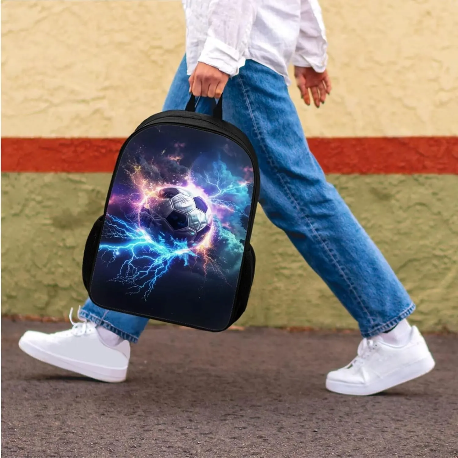 4-in-1 Soccer Graphic Backpack Set for Kids Boys Funny Sports School Bag with Lunch Box Pencil Purse Water Bottle Sleeve Girls Back Pack Student Preschool Bookbag Primary Daypack