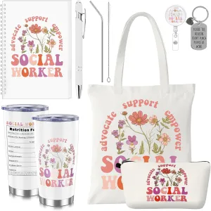 7 Pcs Social Worker Gifts Set for Women Include Canvas Bag Cosmetic Bag 20 oz Thermos Cup Keychain Badge Holder Notebook Pen for Volunteers School Social Worker Gift