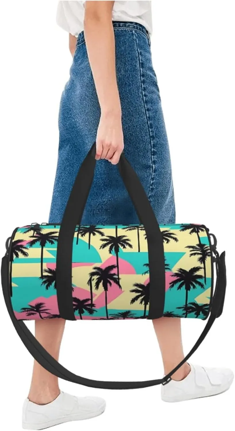 80s Palm Trees Round Travel Duffel Bag Large Capacity Gym Sports Bags for Hiking Vacation Trips