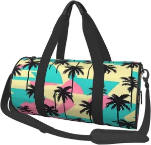 80s Palm Trees Round Travel Duffel Bag Large Capacity Gym Sports Bags for Hiking Vacation Trips