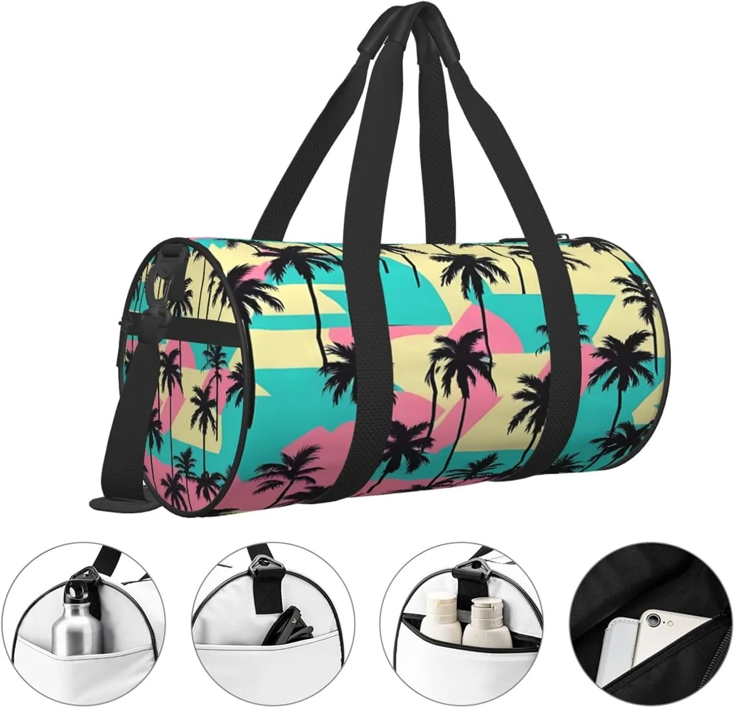 80s Palm Trees Round Travel Duffel Bag Large Capacity Gym Sports Bags for Hiking Vacation Trips