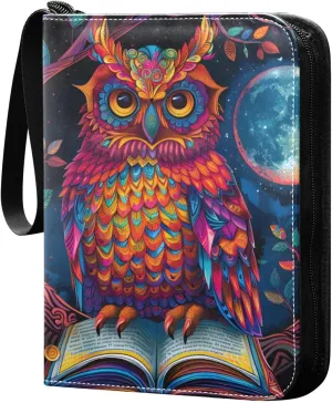 A Colorful Owl and Book Card Binder 4 Pocket Trading Card Binder Portable Cards Collection Book with Zipper