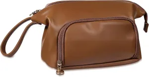 Abiudeng Makeup Bag for women,Toiletry Travel Makeup Bags Pouch with Brush Compartments, Large Portable Cosmetic Bag with Handle,Wide Open Cute Bag,PU Water-Resistant Makeup Bag-Brown