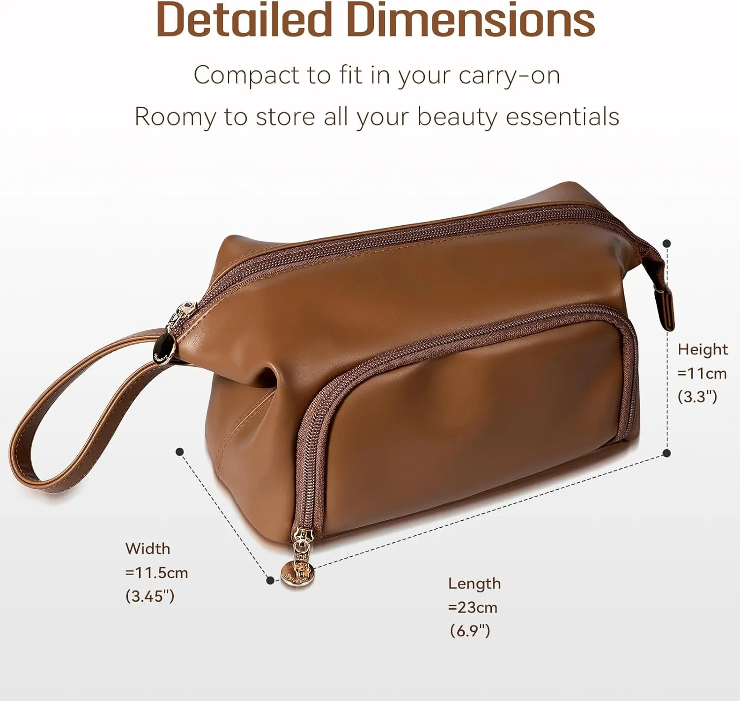 Abiudeng Makeup Bag for women,Toiletry Travel Makeup Bags Pouch with Brush Compartments, Large Portable Cosmetic Bag with Handle,Wide Open Cute Bag,PU Water-Resistant Makeup Bag-Brown