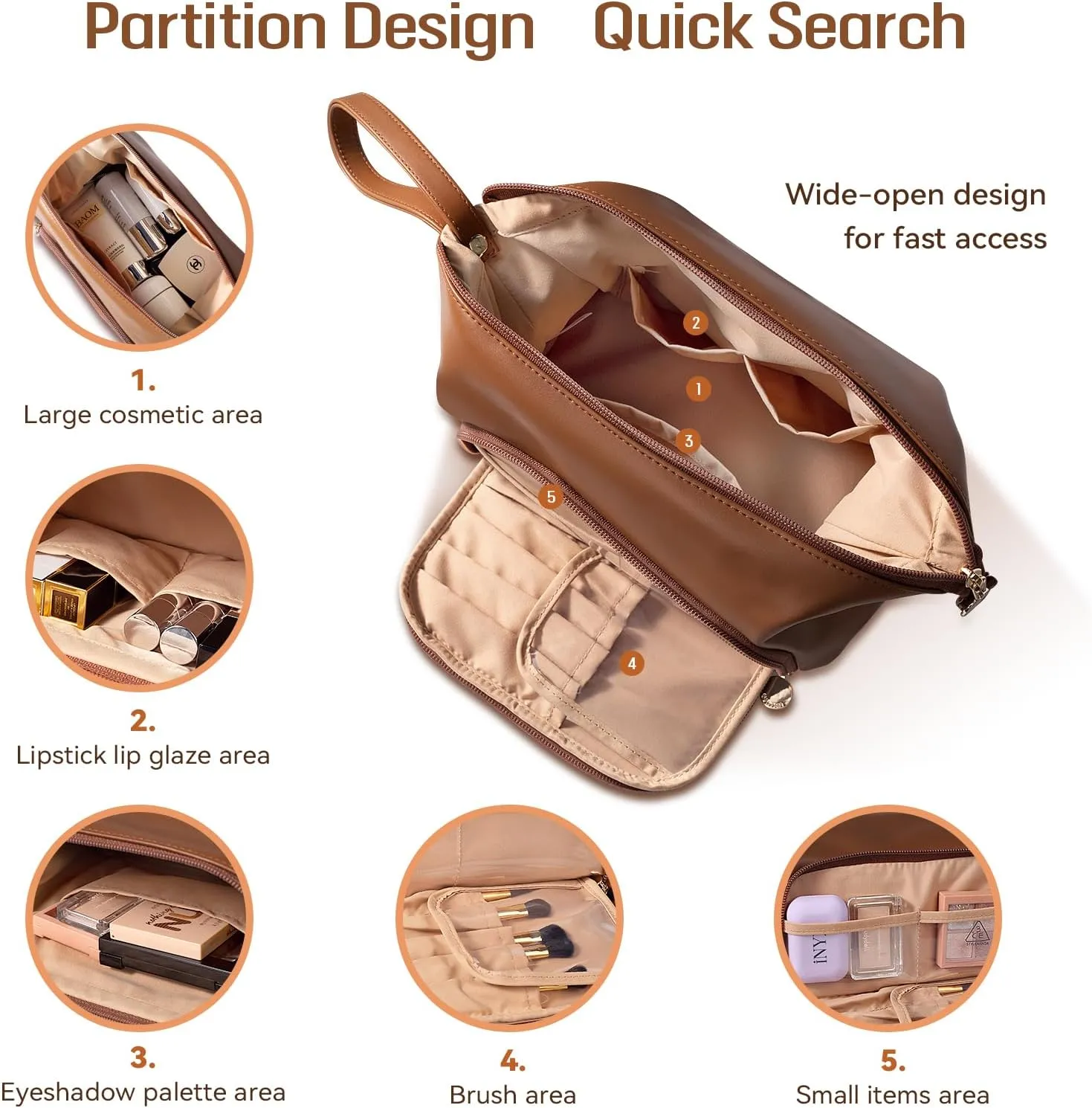 Abiudeng Makeup Bag for women,Toiletry Travel Makeup Bags Pouch with Brush Compartments, Large Portable Cosmetic Bag with Handle,Wide Open Cute Bag,PU Water-Resistant Makeup Bag-Brown