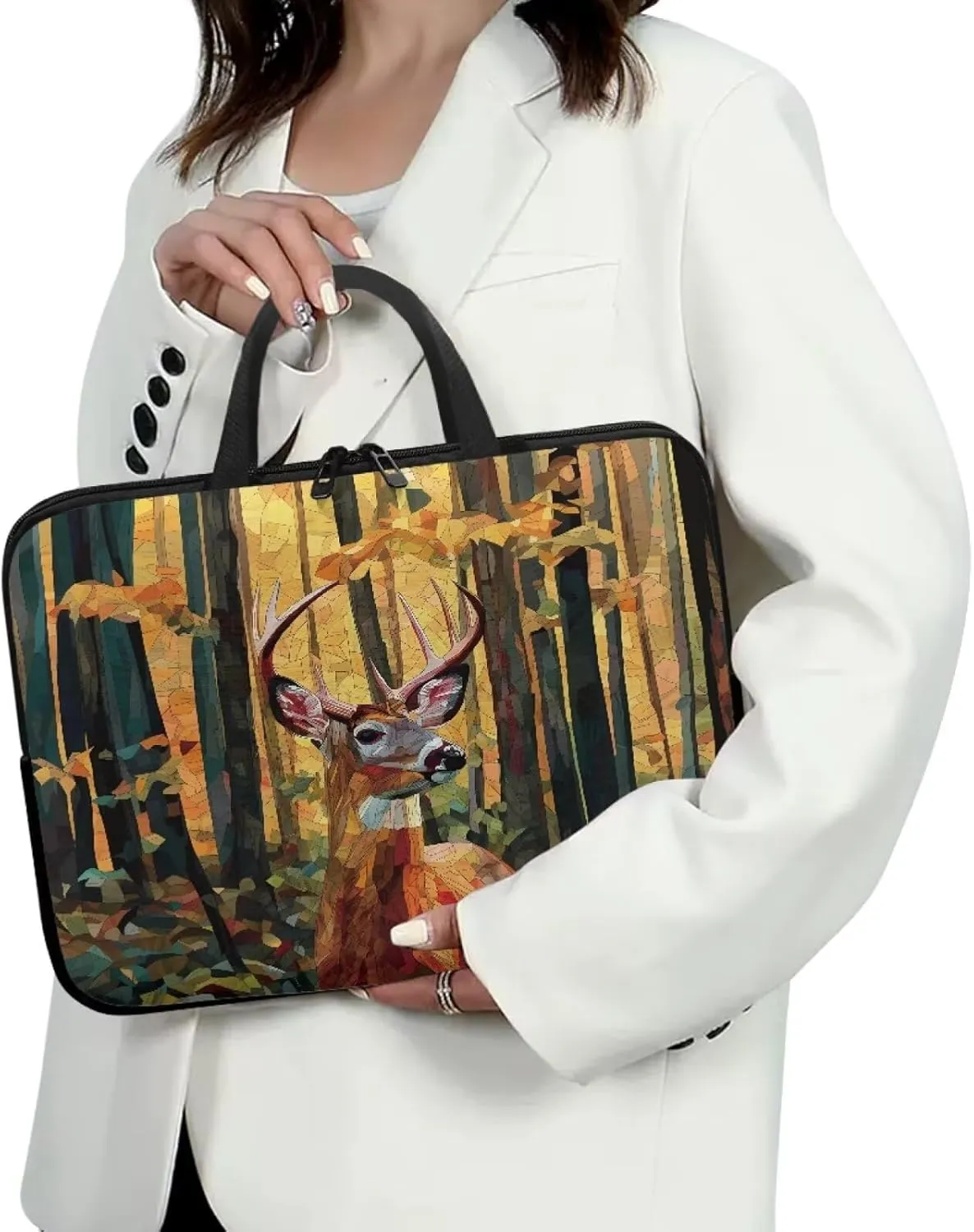 Abstract Forest Hunting Elk Print Laptop Sleeve Case Briefcase Lightweight Travel Laptop Bag with Handle Waterproof Carrying Bag for Student Work Study, 12inch