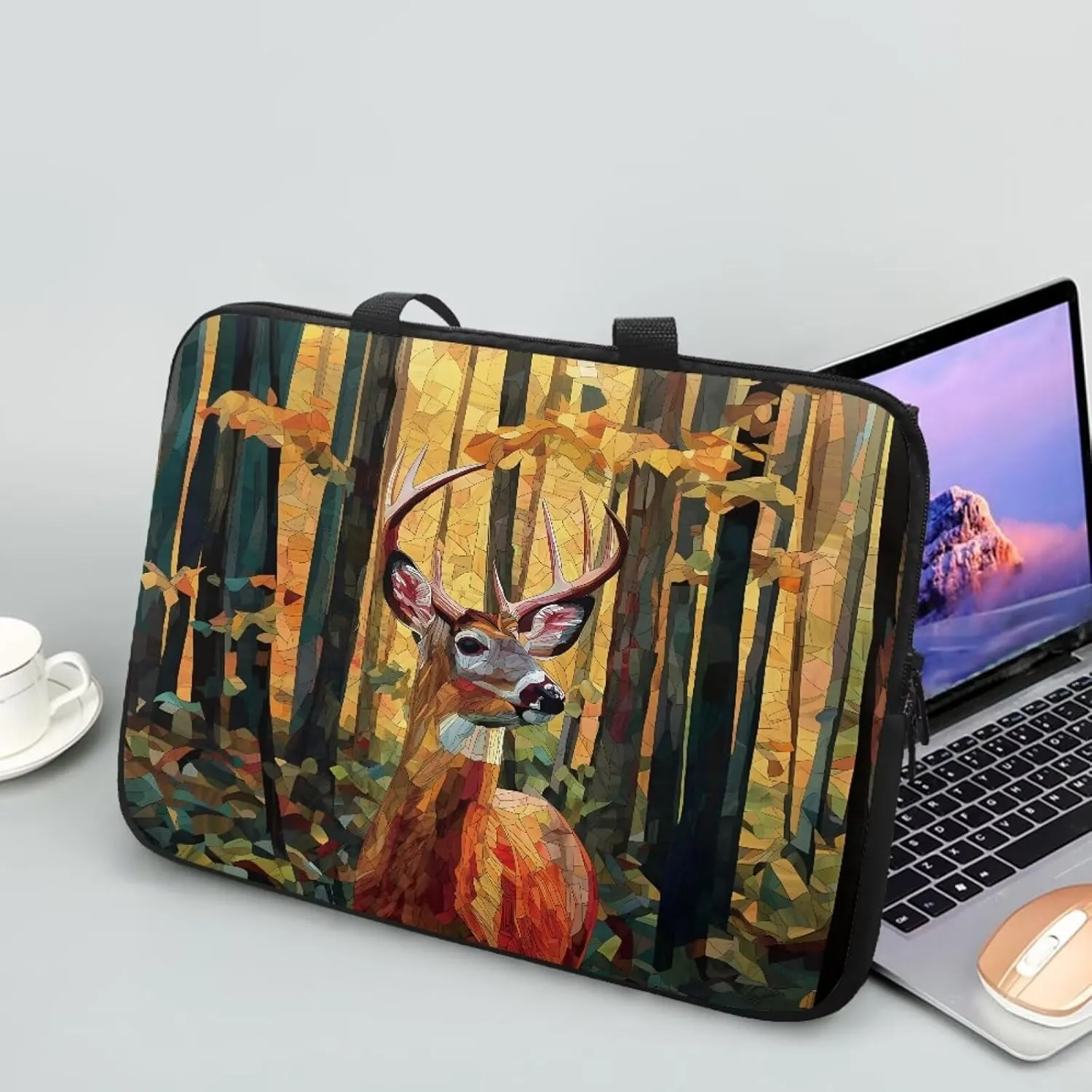 Abstract Forest Hunting Elk Print Laptop Sleeve Case Briefcase Lightweight Travel Laptop Bag with Handle Waterproof Carrying Bag for Student Work Study, 12inch