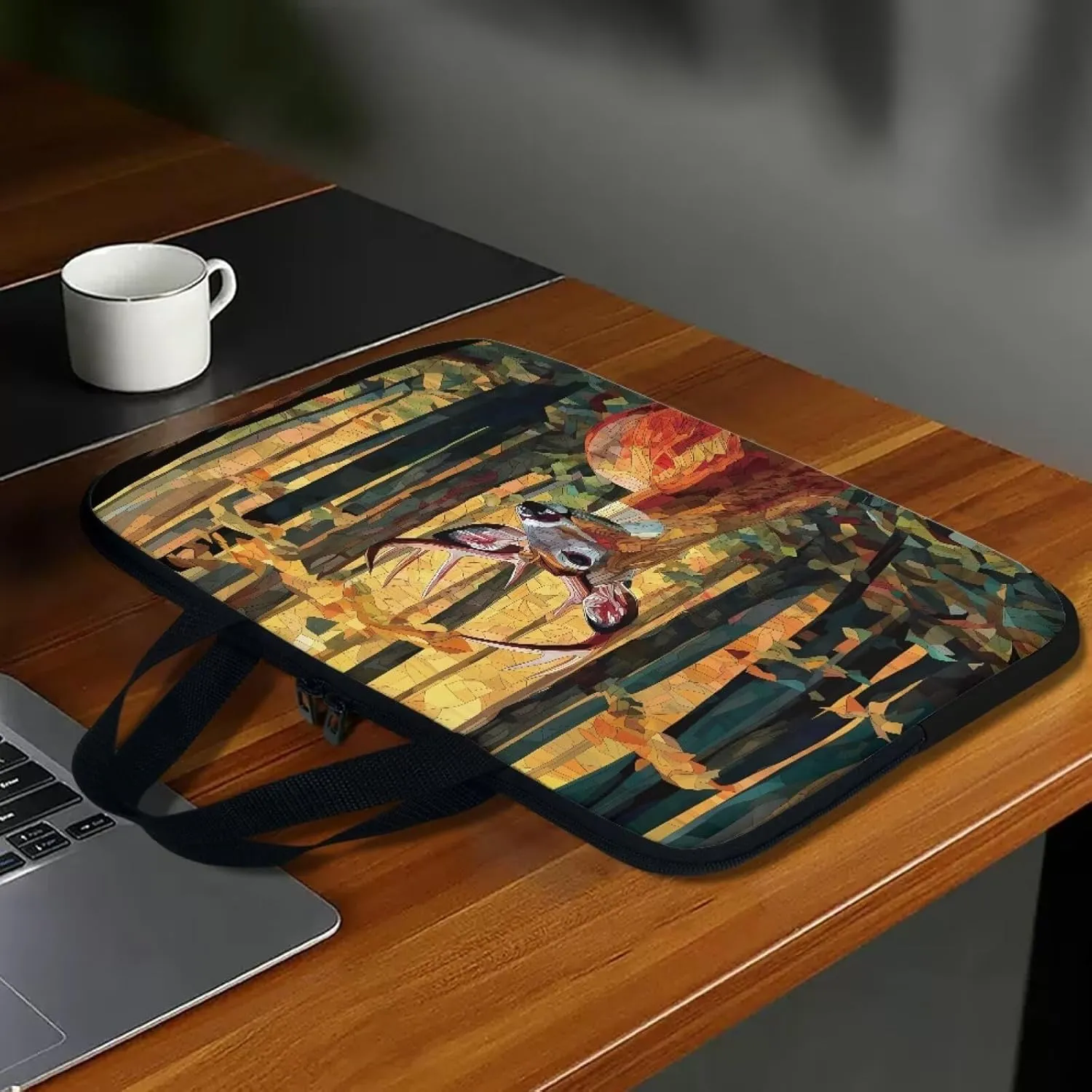 Abstract Forest Hunting Elk Print Laptop Sleeve Case Briefcase Lightweight Travel Laptop Bag with Handle Waterproof Carrying Bag for Student Work Study, 12inch