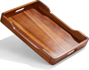 Acacia Wood Serving Tray with Handles, Rectangular Decorative Ottoman Serving Tray, Large Food Drinks Tray for Breakfast in Bed, Living Room, Coffee Table,16x12 inch