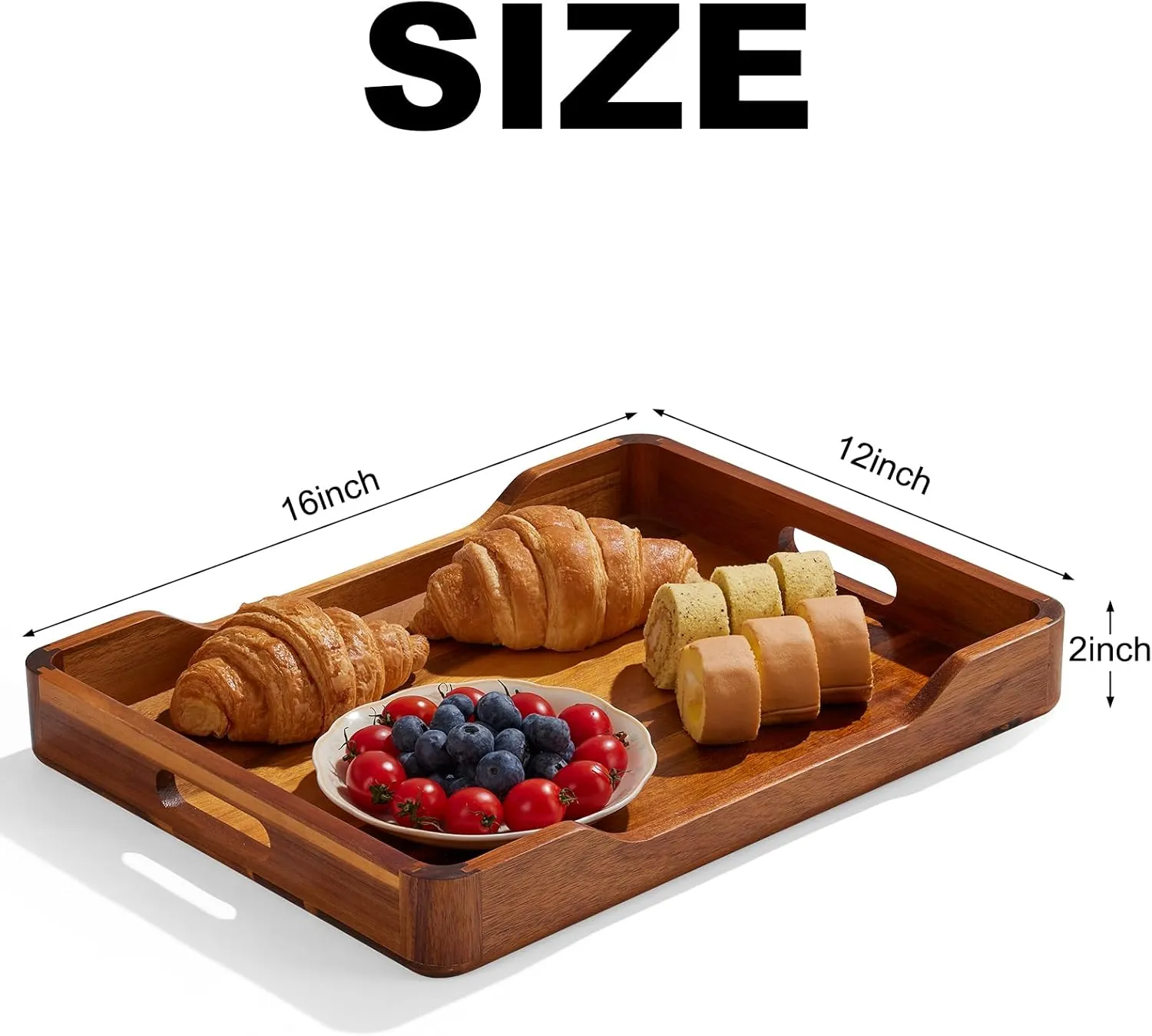 Acacia Wood Serving Tray with Handles, Rectangular Decorative Ottoman Serving Tray, Large Food Drinks Tray for Breakfast in Bed, Living Room, Coffee Table,16x12 inch