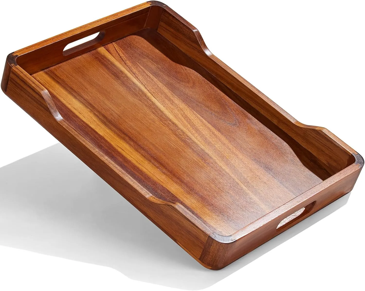 Acacia Wood Serving Tray with Handles, Rectangular Decorative Ottoman Serving Tray, Large Food Drinks Tray for Breakfast in Bed, Living Room, Coffee Table,16x12 inch
