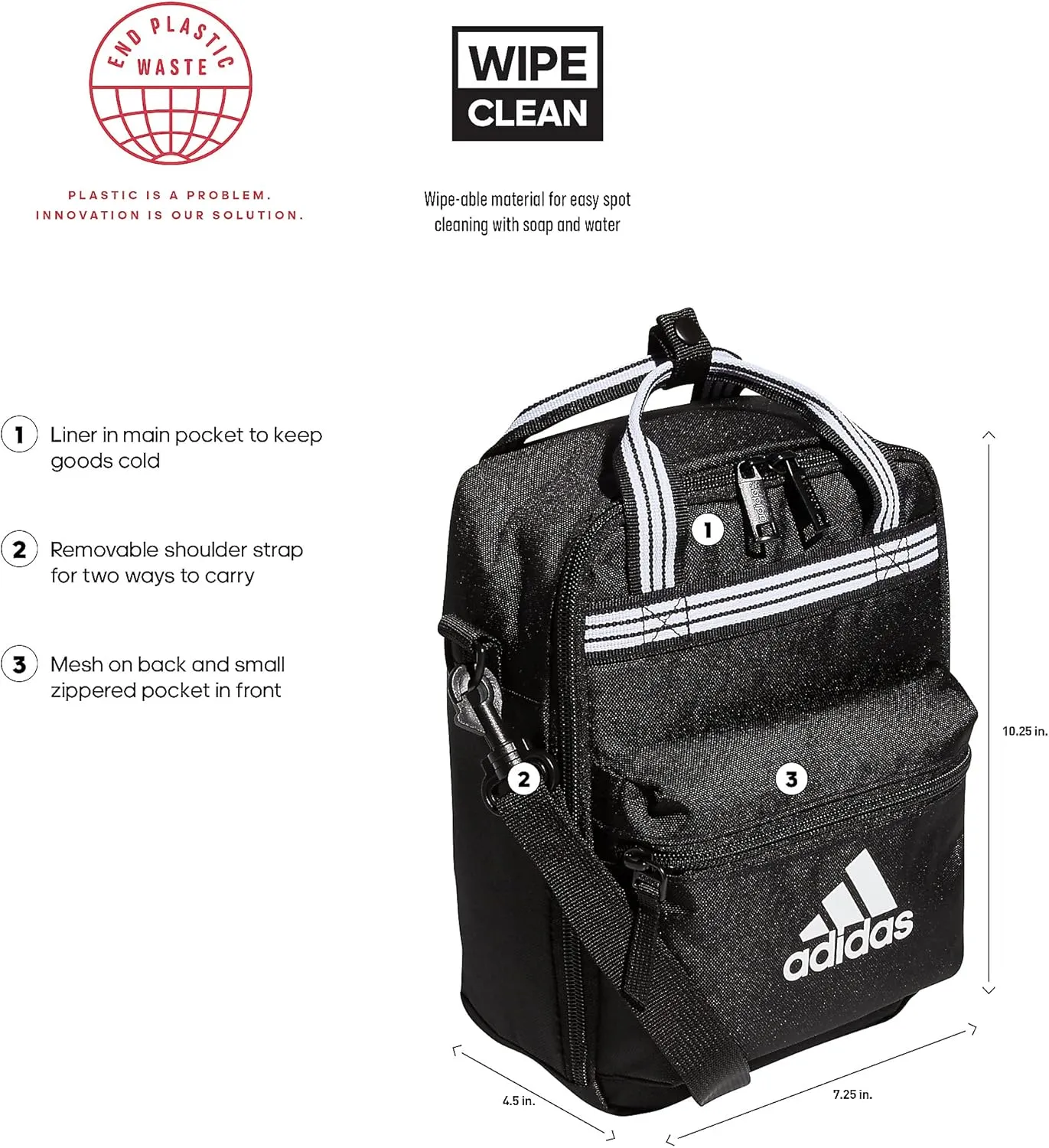 adidas Squad (7L) Food Container Carry Box Insulated Lunch Bag, Black/White, One Size