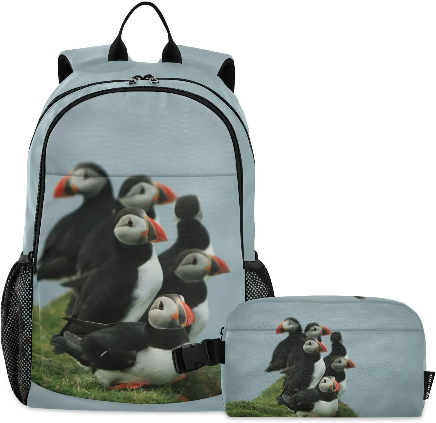 Aflyko Kid Backpack with Lunch Box Atlantic Puffin Birds Back to School Bookbag for Boys Girls Primary Daycare Daypack Laptop Pack Hiking Camping Travel