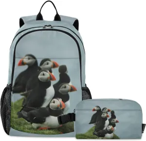 Aflyko Kid Backpack with Lunch Box Atlantic Puffin Birds Back to School Bookbag for Boys Girls Primary Daycare Daypack Laptop Pack Hiking Camping Travel