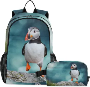 Aflyko Kid Backpack with Lunch Box Atlantic Puffins Blue Ocean Back to School Bookbag for Boys Girls Primary Daycare Daypack Laptop Pack Hiking Camping Travel