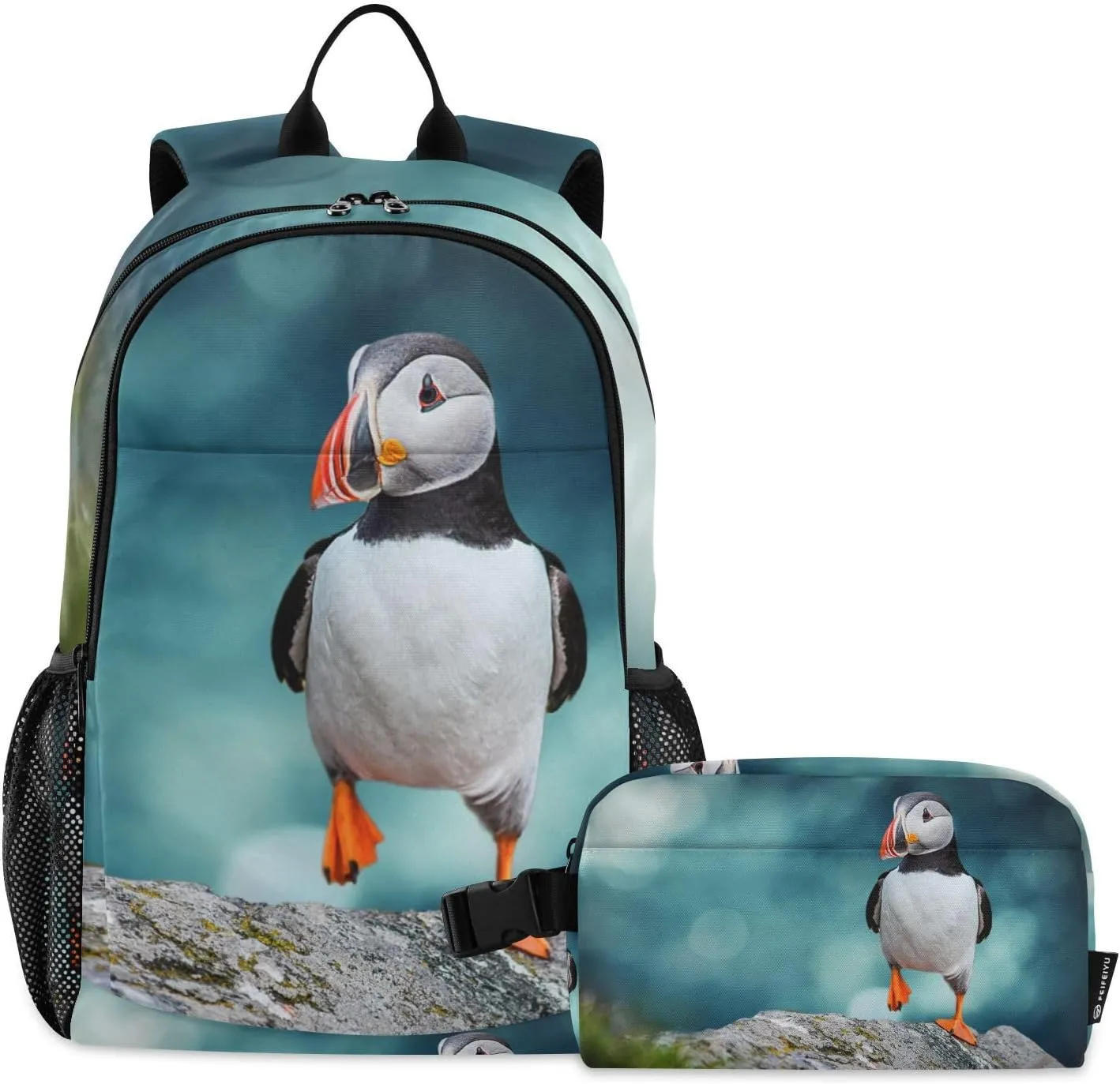 Aflyko Kid Backpack with Lunch Box Atlantic Puffins Blue Ocean Back to School Bookbag for Boys Girls Primary Daycare Daypack Laptop Pack Hiking Camping Travel
